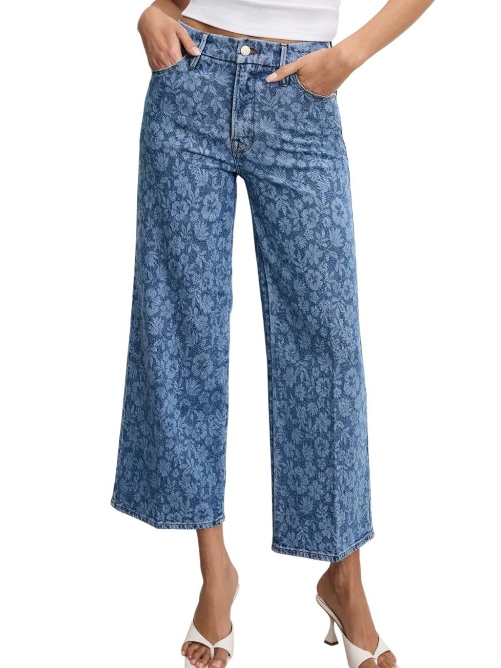 GOOD AMERICAN Good Waist Palazzo Crop Wide Leg Jeans in Hibiscus Bloom